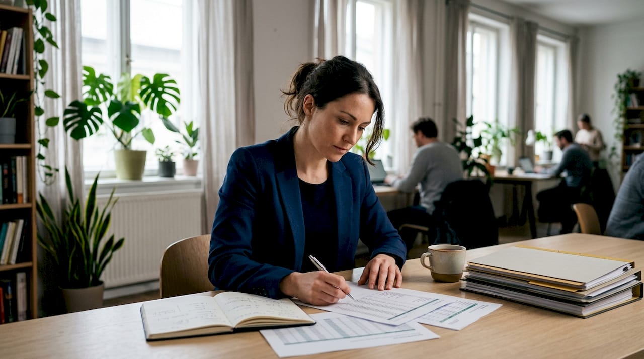 Une femme passe en revue ses dossiers financiers à son bureau.