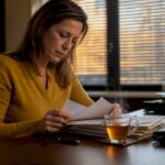 Une femme prépare les documents nécessaires à sa procédure de divorce depuis chez elle.