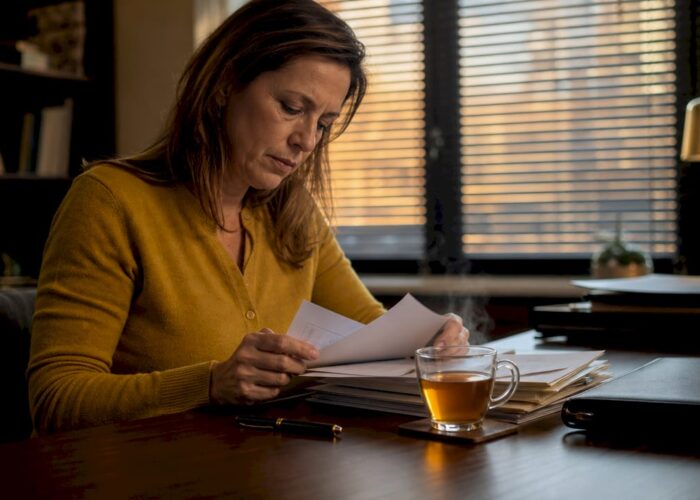 Une femme prépare les documents nécessaires à sa procédure de divorce depuis chez elle.