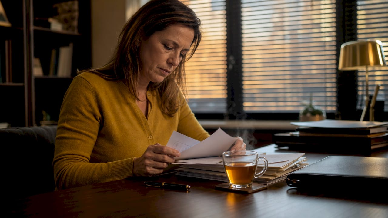 Une femme prépare les documents nécessaires à sa procédure de divorce depuis chez elle.