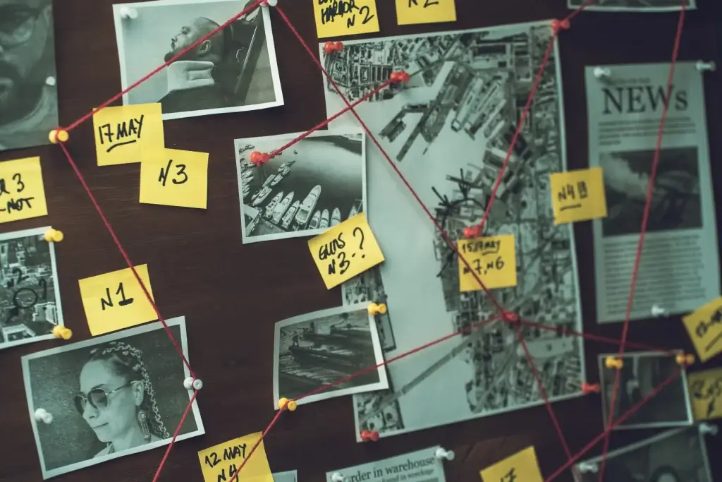 Tableau d’enquête avec photos, cartes et fils rouges pour analyse OSINT