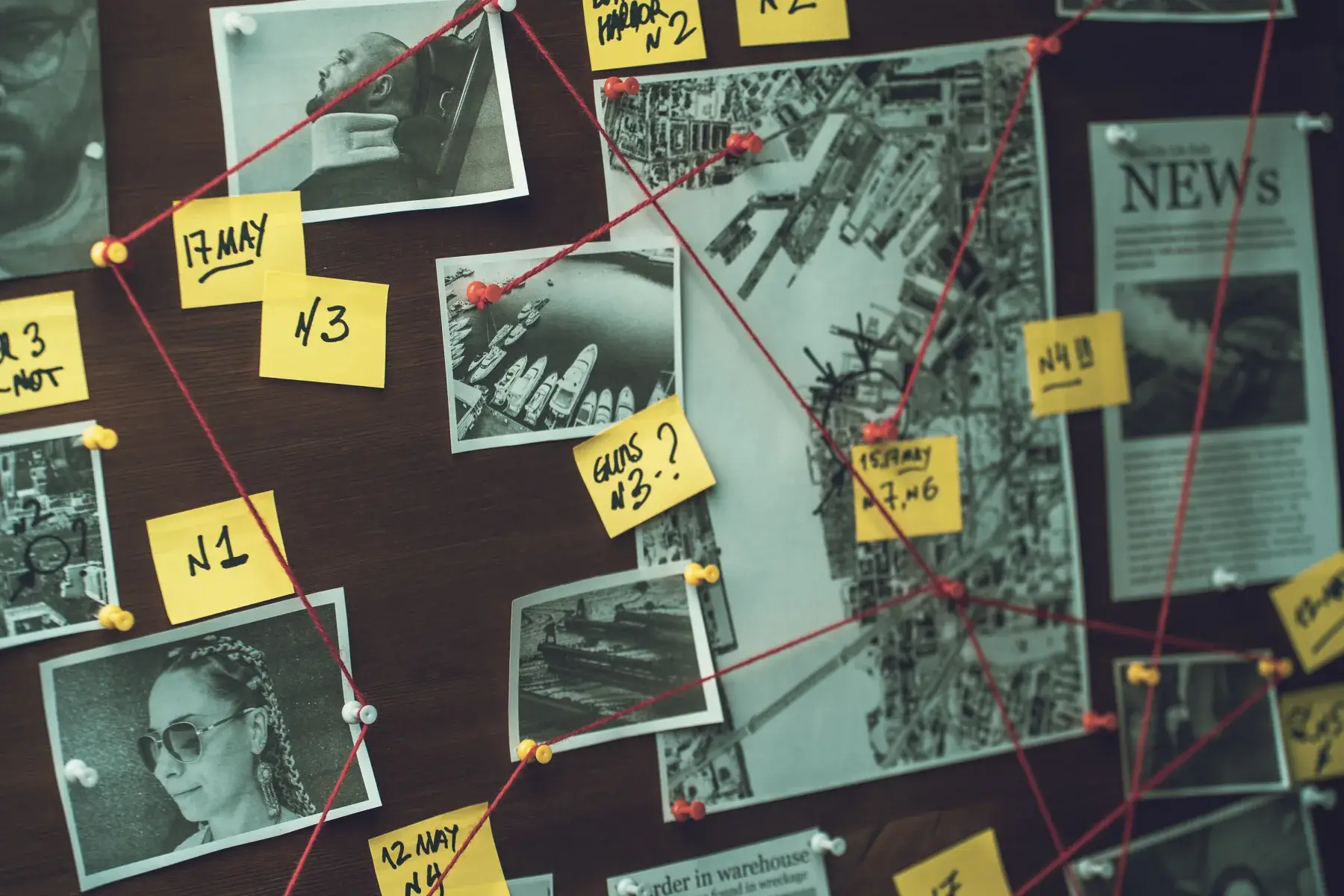 Tableau d’enquête avec photos, cartes et fils rouges pour analyse OSINT