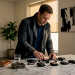 Un détective passe en revue plusieurs dispositifs d’écoute étalés sur un bureau encombré.