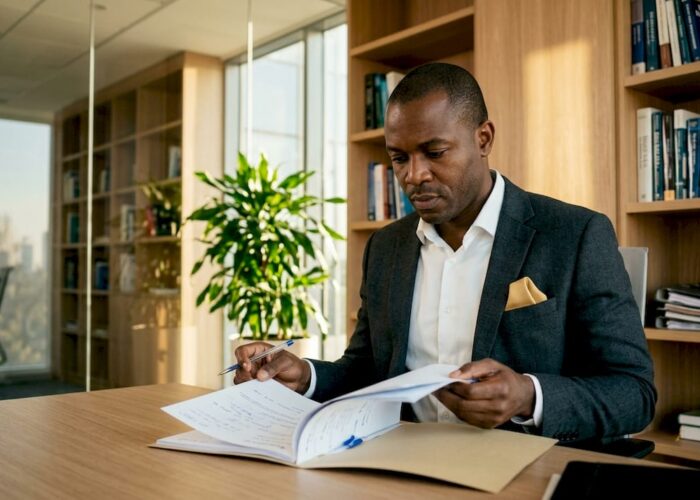 Un chef d’entreprise en pleine analyse d’un dossier d’investigation