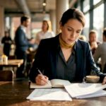 Un analyste financier passe en revue des dossiers comptables à son bureau, concentré sur l’examen des chiffres et la préparation de ses rapports.