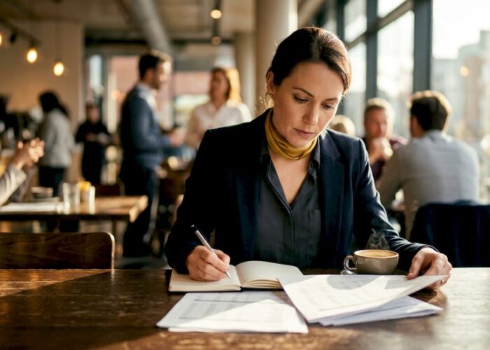 Un analyste financier passe en revue des dossiers comptables à son bureau, concentré sur l’examen des chiffres et la préparation de ses rapports.
