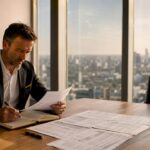 Un expert en finance passe en revue des dossiers sur son bureau.