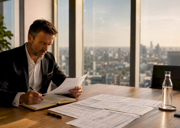 Un expert en finance passe en revue des dossiers sur son bureau.