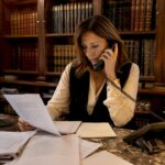 Une enquêtrice chevronnée en pleine activité dans son agence de détective privé.