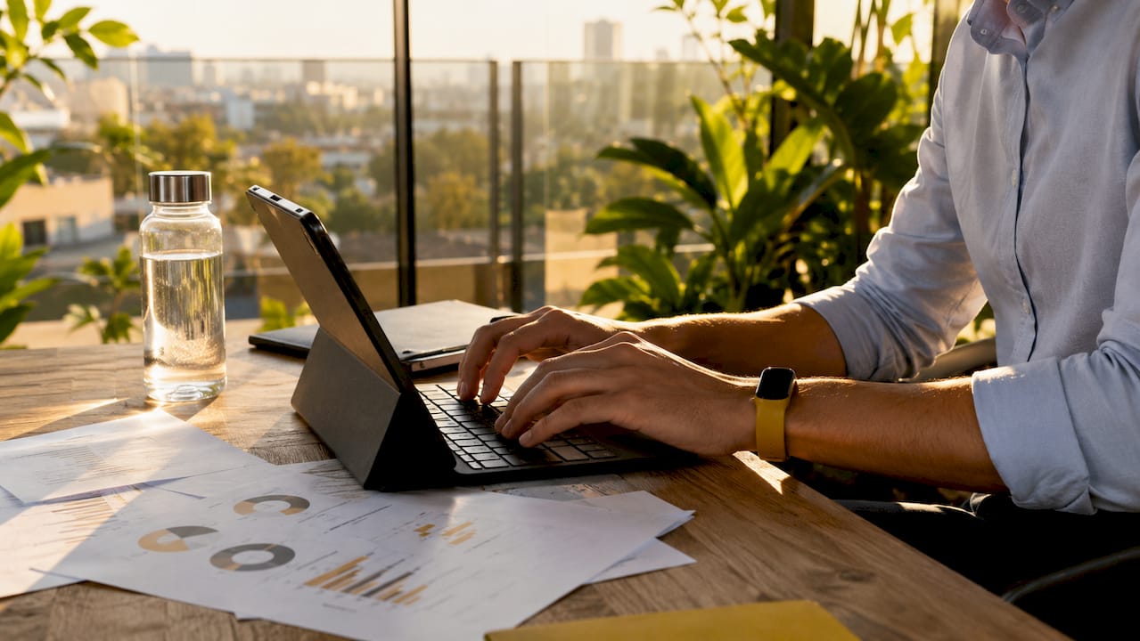 Un expert en informatique en pleine saisie sur son poste de travail, entouré d’outils numériques innovants.