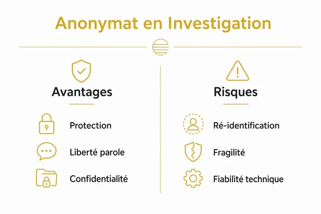 Enjeux de l'anonymat en investigation : guide 2026 1 Infographie : les atouts et les limites de l’anonymat dans le cadre d’enquêtes