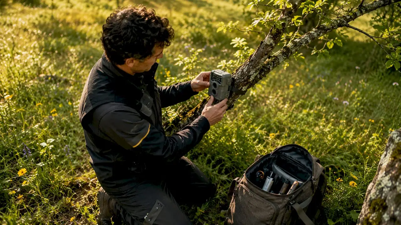 Un technicien installe un capteur de surveillance au cœur de la forêt.