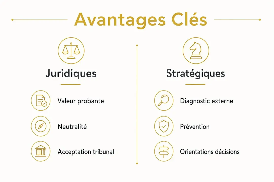 Avantages d'un rapport d'enquête indépendante 2 Infographie mettant en parallèle les atouts juridiques et les bénéfices stratégiques