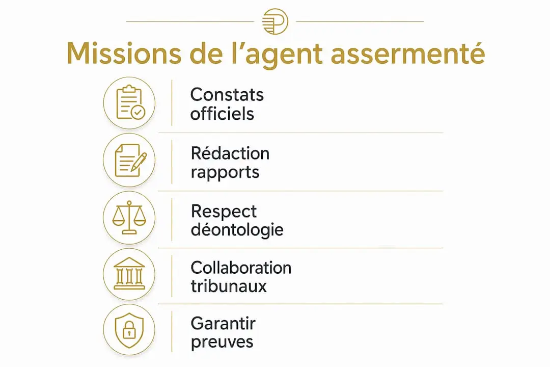 Fonction de l'agent assermenté privé : rôle et missions 2 Découvrez en un coup d’œil les principales missions confiées à l’agent assermenté privé grâce à cette infographie.