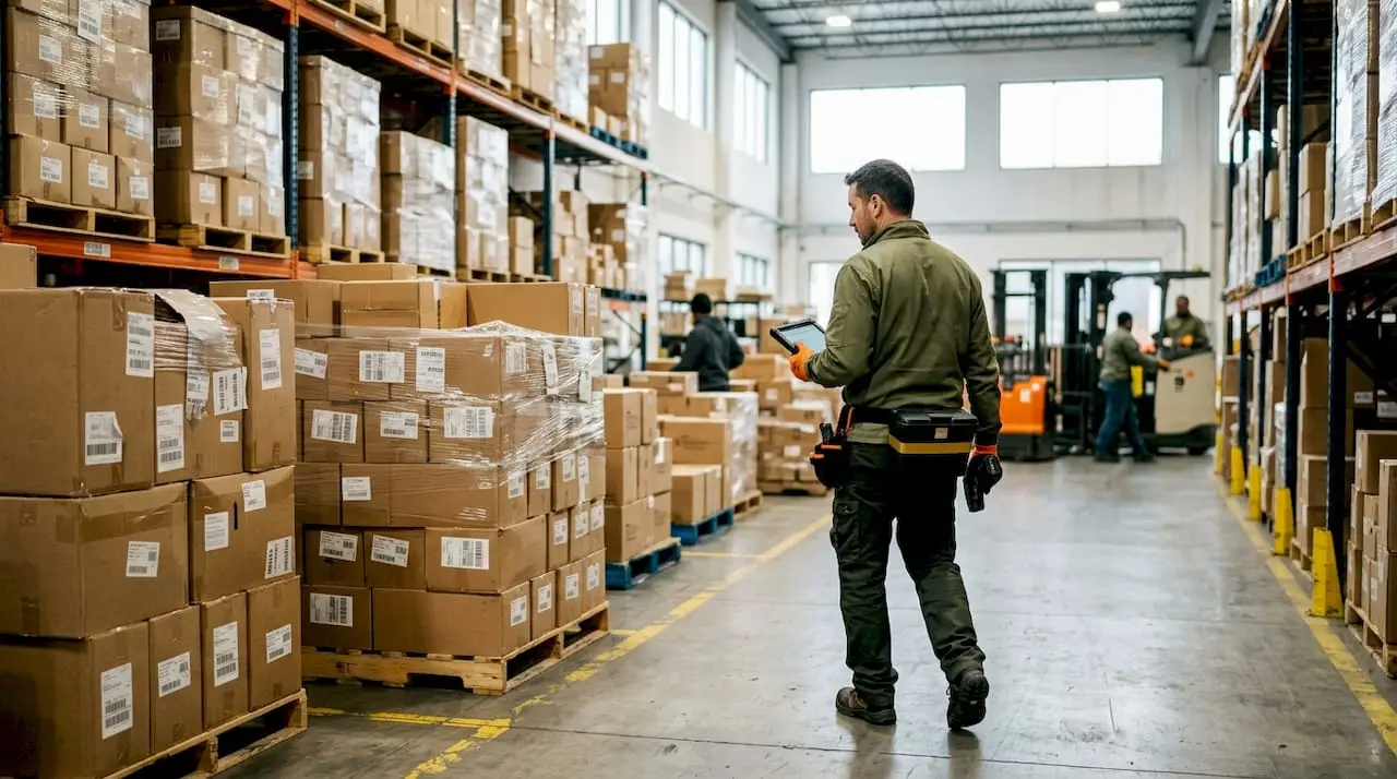 Étapes détection fraude marchandises : guide 2026 2 Un contrôleur en entrepôt vérifie les colis à l'aide d'un lecteur de codes-barres.