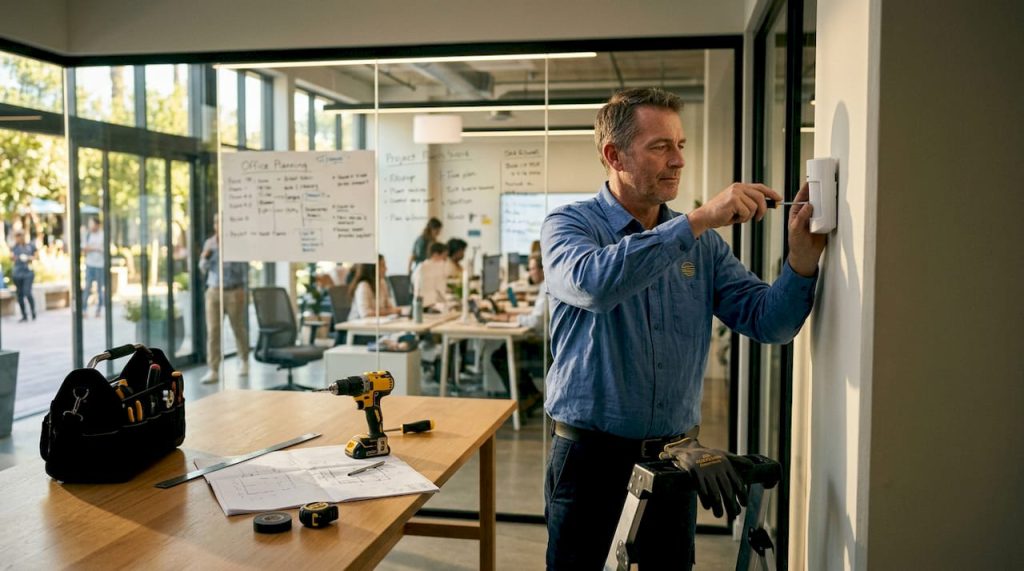 Rôle des détecteurs professionnels : guide 2026 1 Technicien installant detecteur professionnel au bureau