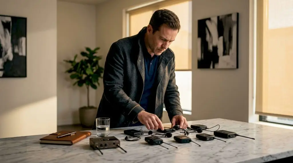 Types de dispositifs d'écoute : guide complet 2026 5 Detective examining listening devices on cluttered desk