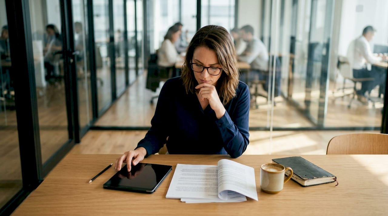 Pourquoi recourir à l'investigation externe en 2026 2 Une femme examine attentivement les résultats d’une enquête menée par un organisme externe.