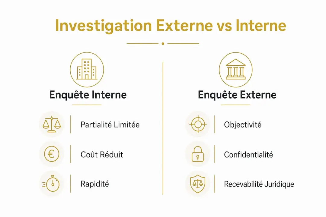 Pourquoi recourir à l'investigation externe en 2026 1 Infographie : les différences entre enquête interne et enquête externe