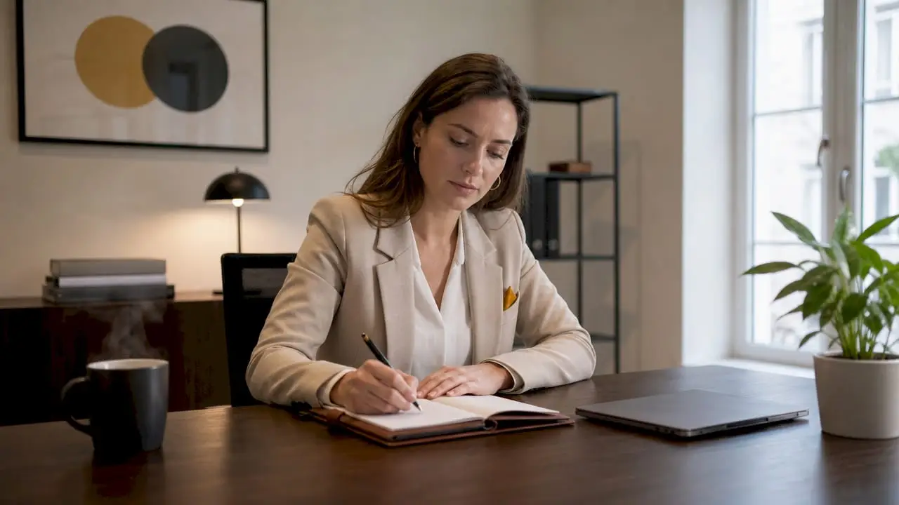Pourquoi privilégier une enquête indépendante en 2026 1 Une femme prend des notes à son bureau, dans un espace de travail contemporain.