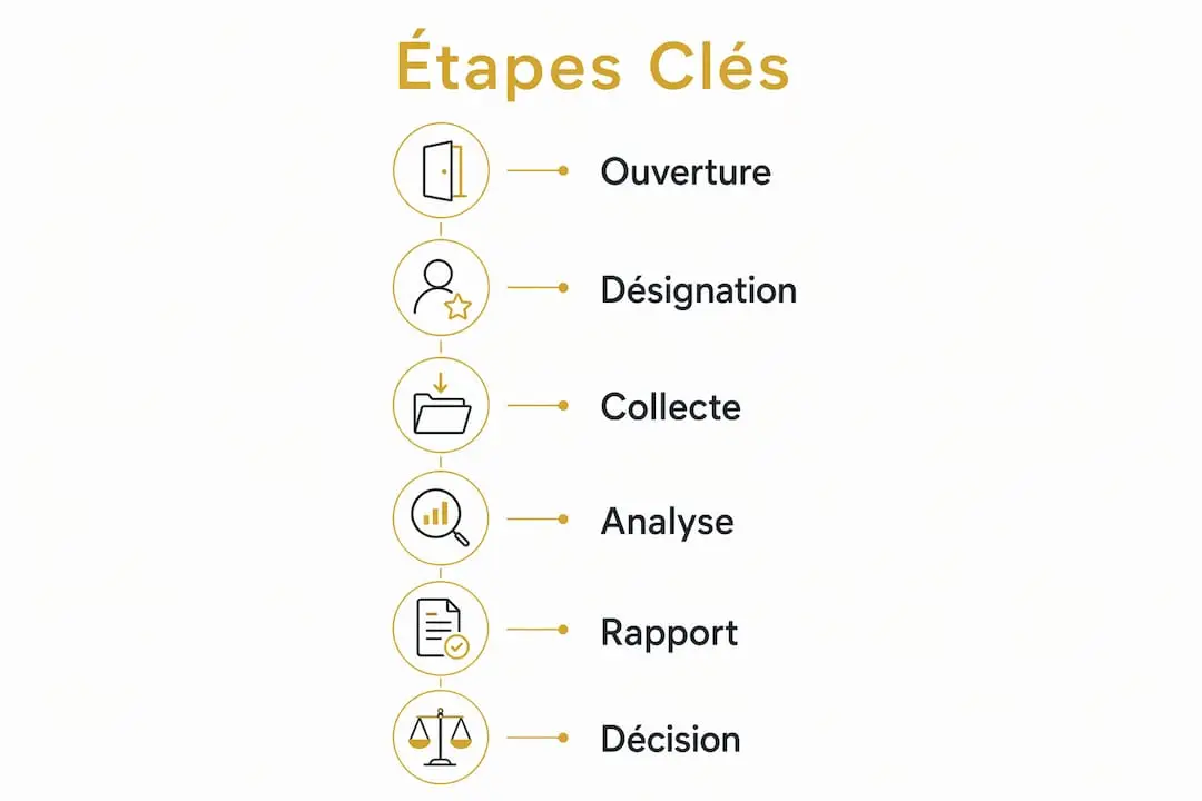 Enquête interne en entreprise : définition, obligations et méthodes 1 Visuel récapitulatif des principales étapes d’une procédure d’enquête interne
