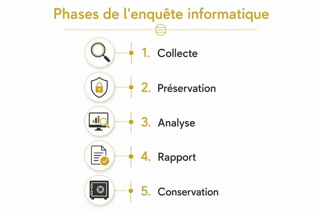 Enquête informatique : définition, processus et cadre légal en France 4 Visuel présentant les grandes étapes d’une investigation numérique