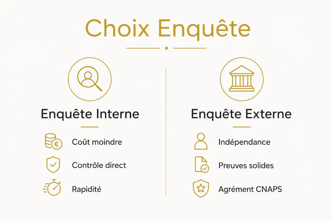 Infographie : les différences entre enquête interne et enquête externe, illustrées par les principaux critères à prendre en compte