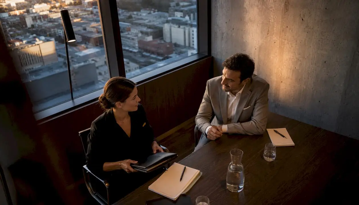 Enquêter sur un salarié divulguant des secrets : guide juridique 3 Un employeur échange avec son avocat au sujet d’une procédure d’enquête juridique.