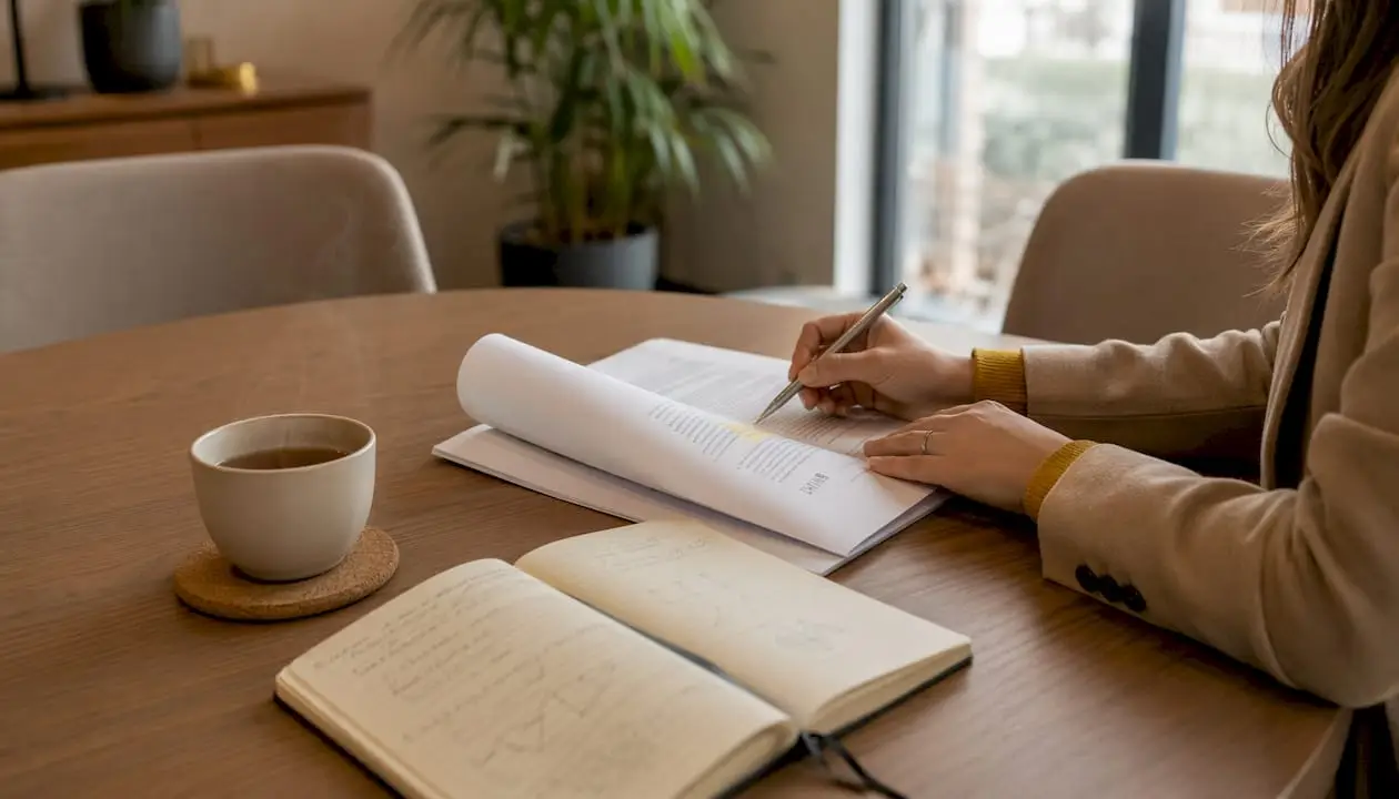 Enquête d'assurance : guide pratique pour avocats et entreprises 2 Une avocate passe en revue un rapport d’enquête, dossier à la main.