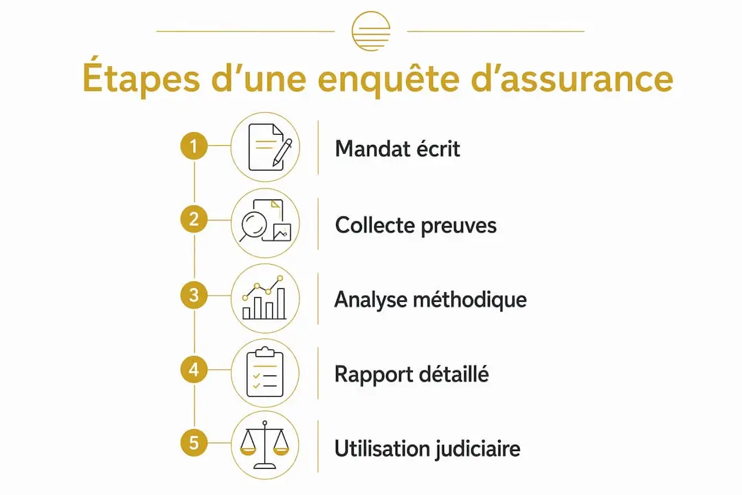 Enquête d'assurance : guide pratique pour avocats et entreprises 1 Les grandes étapes à retenir lors d’un dossier d’expertise en assurance, présentées en infographie