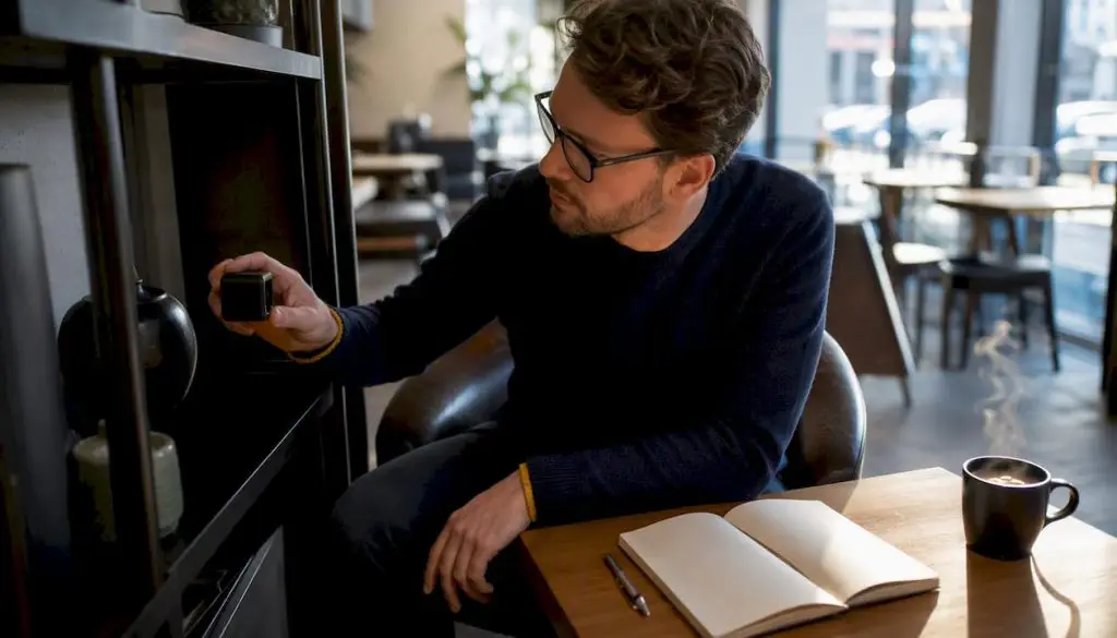 Homme inspectant une camera espion Wi Fi dans un bureau