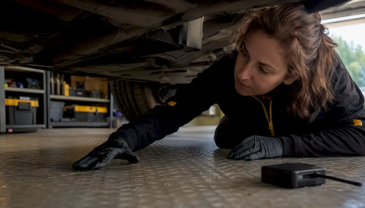 Inspecter son véhicule pour un traceur GPS caché : guide pratique 1 Des mains gantées examinent minutieusement le dessous d’une voiture.