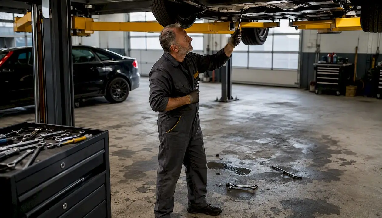 Inspecter son véhicule pour un traceur GPS caché : guide pratique 2 Un mécanicien examine attentivement une voiture installée sur un pont élévateur.
