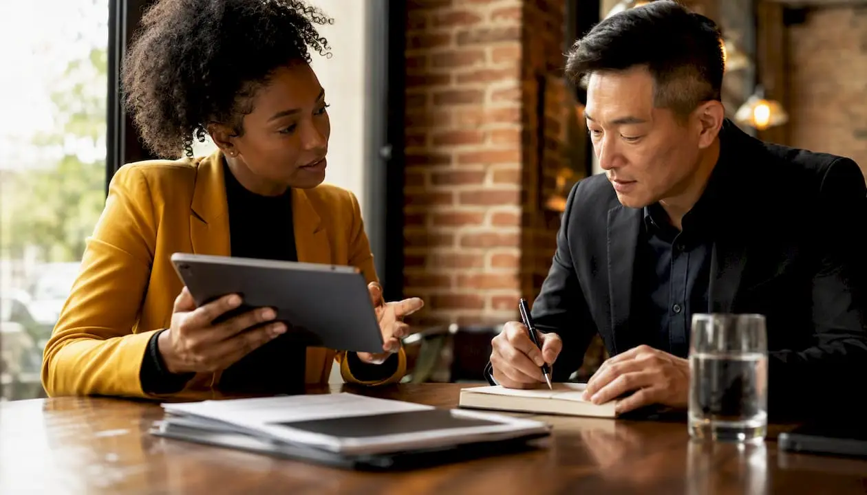 Enquêter la spoliation d'actifs en entreprise : guide pour dirigeants et avocats 1 Deux experts échangent sur la traçabilité des actifs lors d’une réunion autour d’une table.