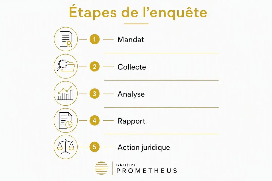 Enquêter la spoliation d'actifs en entreprise : guide pour dirigeants et avocats 3 Visuel présentant les grandes étapes d'une investigation sur la traçabilité