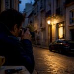 Un enquêteur immortalise la silhouette d’un véhicule à la tombée de la nuit.