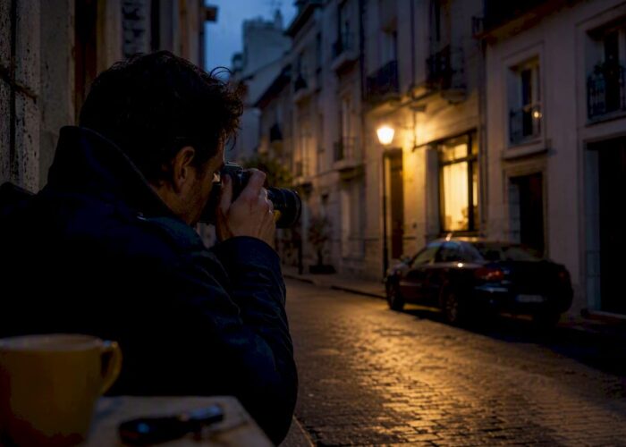 Un enquêteur immortalise la silhouette d’un véhicule à la tombée de la nuit.