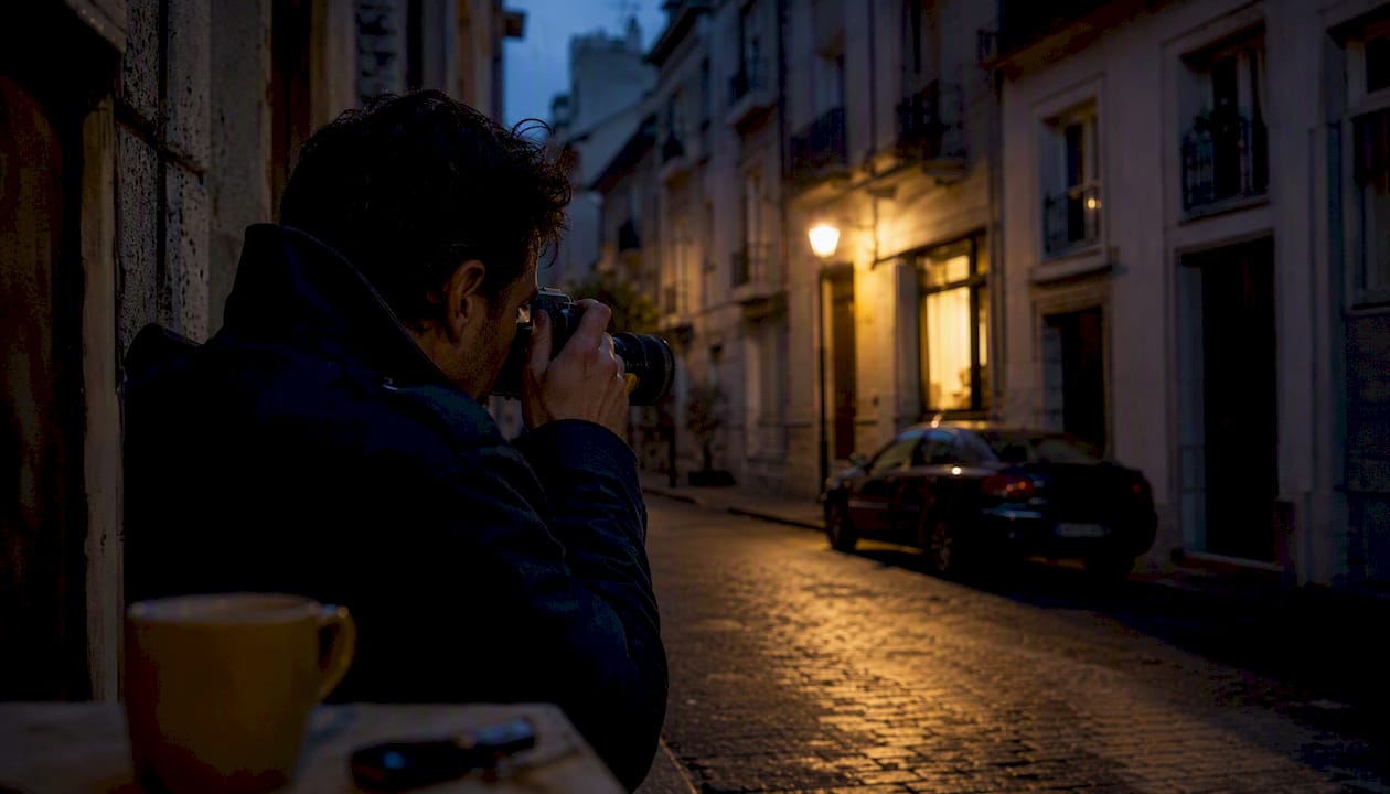 Un enquêteur immortalise la silhouette d’un véhicule à la tombée de la nuit.