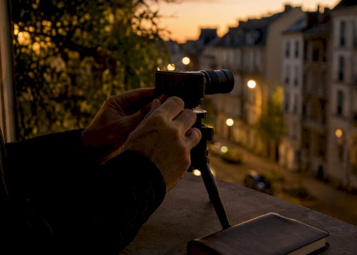 Un enquêteur règle discrètement sa caméra pour surveiller les lieux.