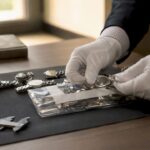 Mains gantées déposant des articles contrefaits dans un sac de preuve
