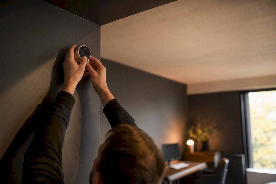 Technicien installant une caméra de sécurité