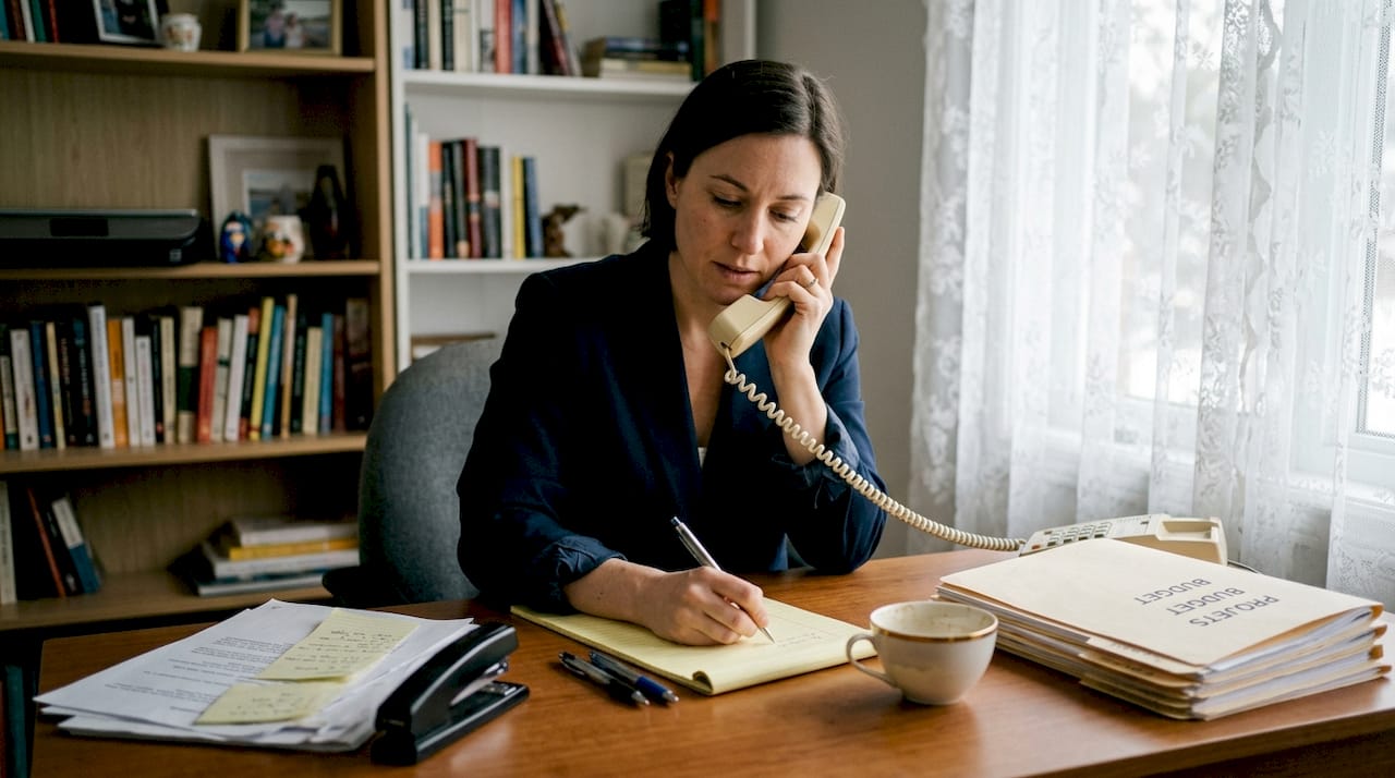 Comment mener une enquête légale : guide étape par étape 1 Une femme d’affaires mène une mission de conseil depuis son bureau à domicile, analysant des dossiers pour une enquête.