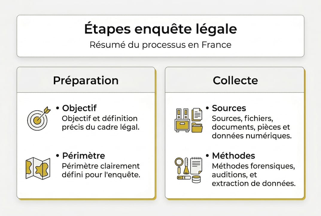 Comment mener une enquête légale : guide étape par étape 2 Visuel épuré présentant les différentes étapes d’une procédure d’enquête judiciaire