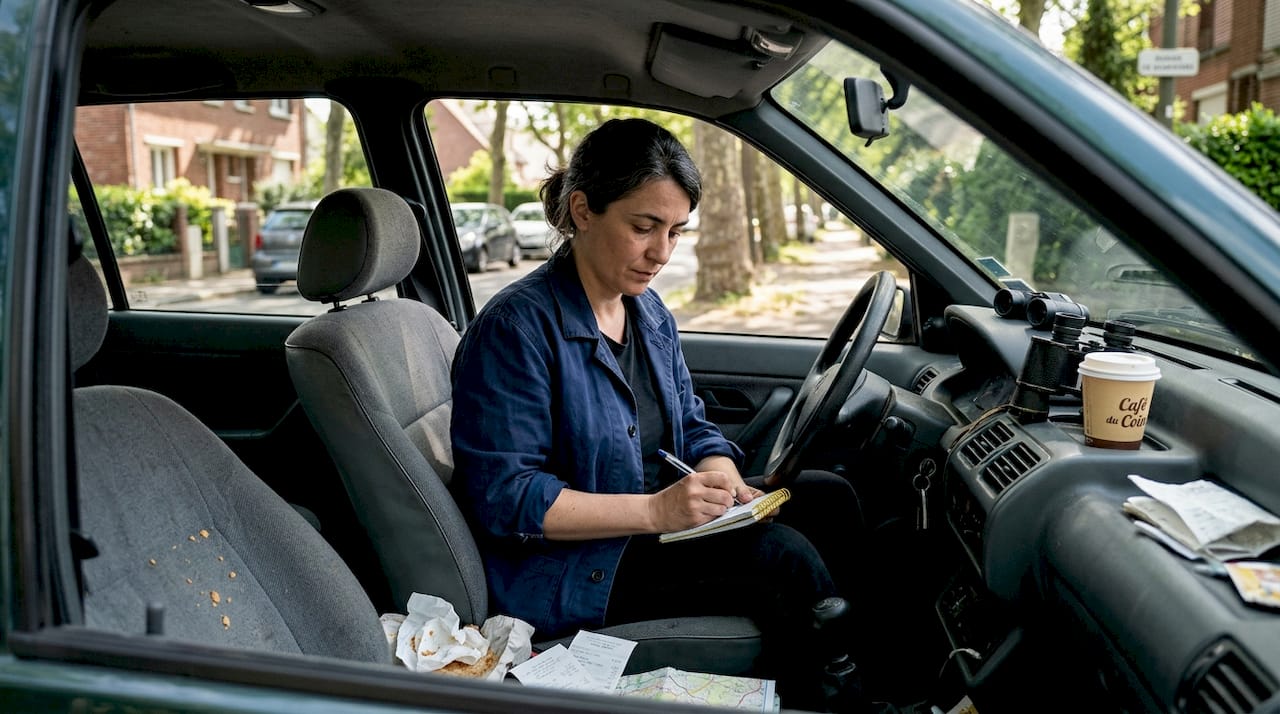 Détective privé : clé contre la fraude et la preuve en justice 2 Un détective en planque, observant discrètement depuis sa voiture.