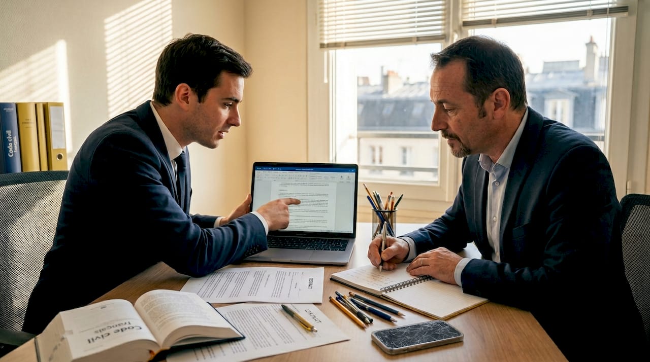 Rapport de détective privé : recevabilité en justice 1 Un détective et un avocat en pleine relecture d’un contrat, échangeant leurs points de vue pour s'assurer que tout est en ordre.