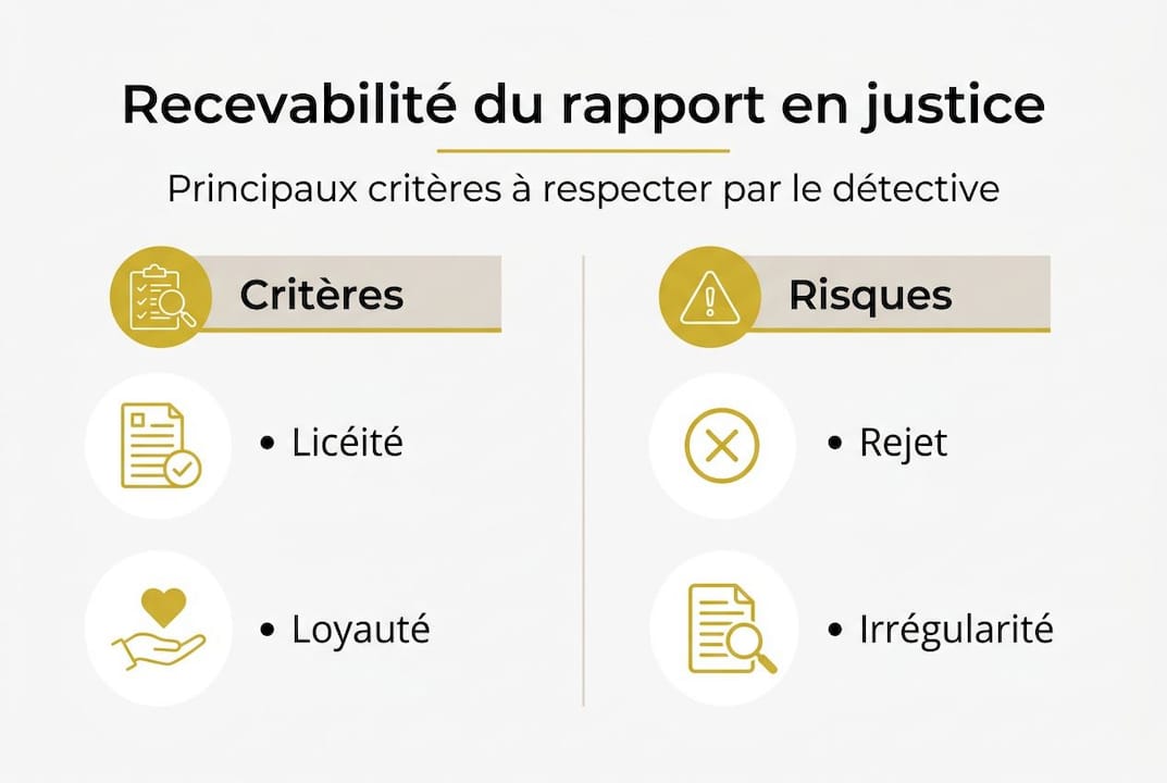 Rapport de détective privé : recevabilité en justice 2 Visuel récapitulatif des conditions à remplir pour qu’un dossier soit accepté en justice