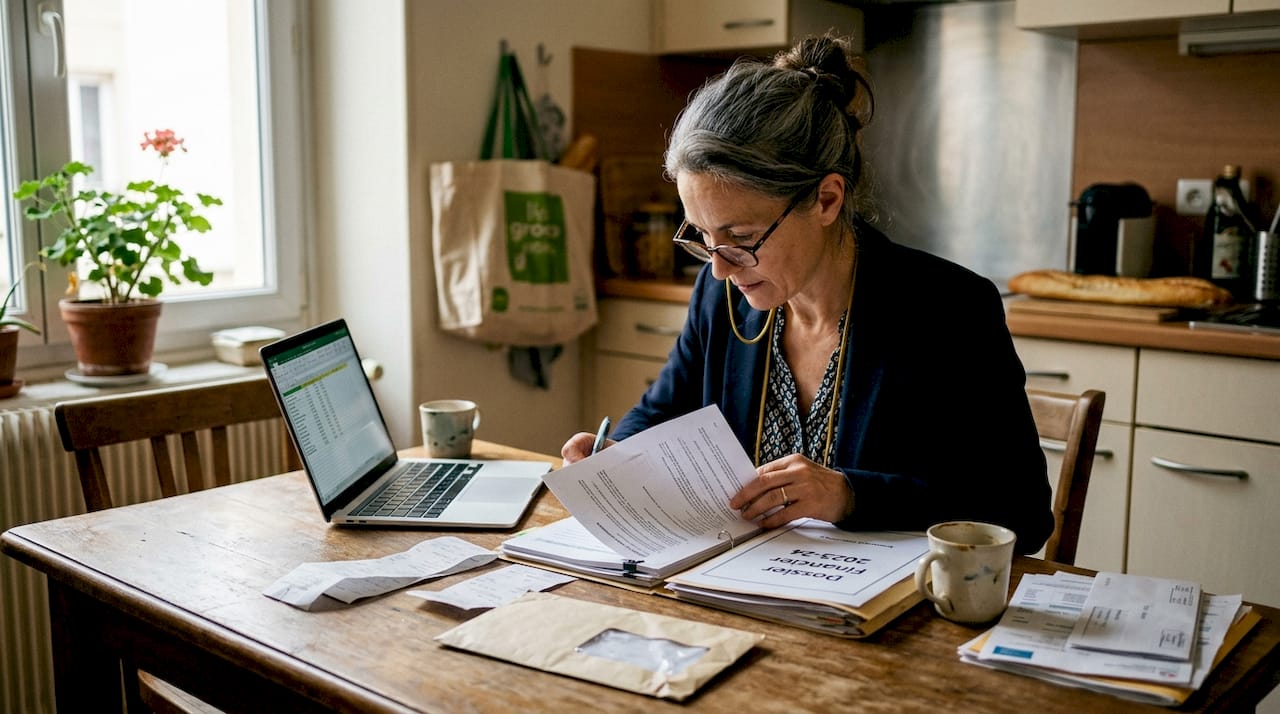 Types d'enquêtes privées en France : guide complet 2026 1 Une femme d’affaires passe en revue ses comptes chez elle, concentrée sur l’analyse de ses documents financiers.