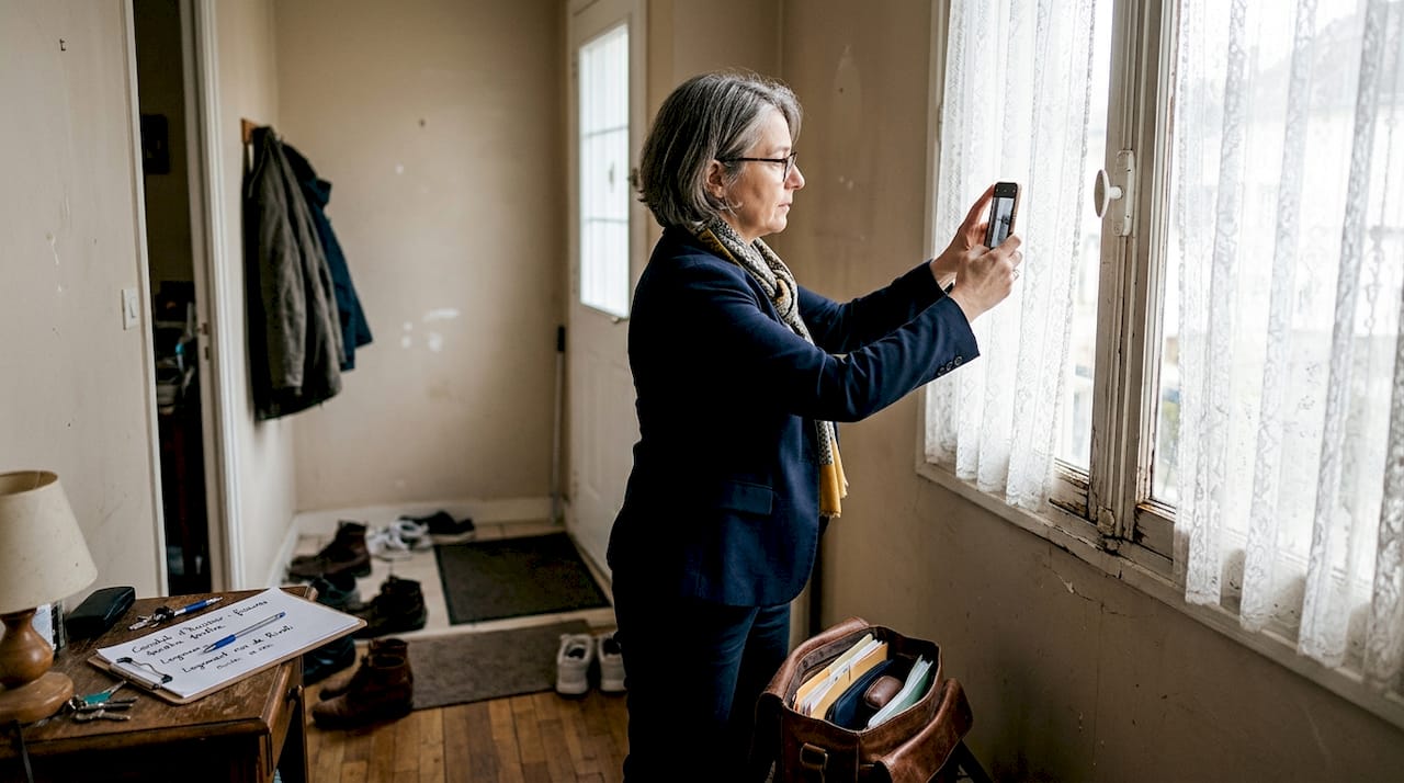 Enquêtes civiles : preuves recevables et déroulement 2 Un huissier procède au constat des lieux en prenant des photos avec son smartphone.