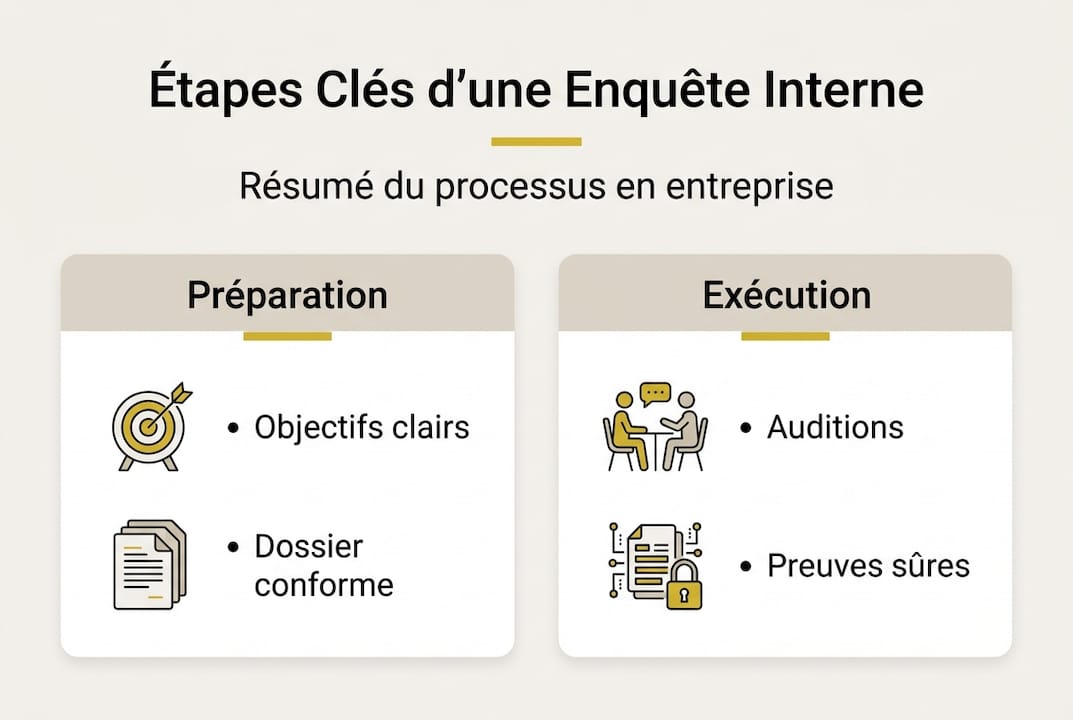 Comment mener une enquête interne fiable et légale en France 1 Visuel explicatif du déroulement d’une enquête interne