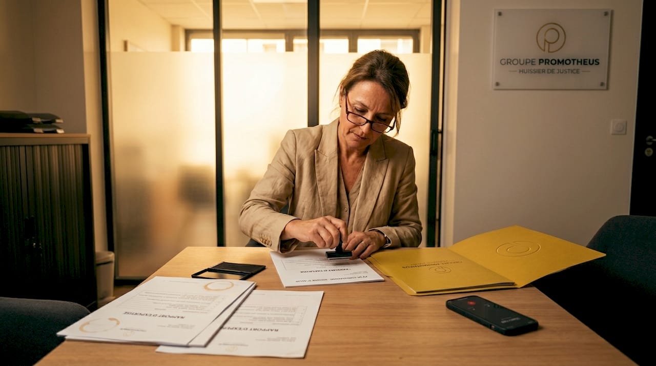Investigations légales en France : choisir la bonne enquête 1 Huissier apposant son cachet sur un procès-verbal de constat
